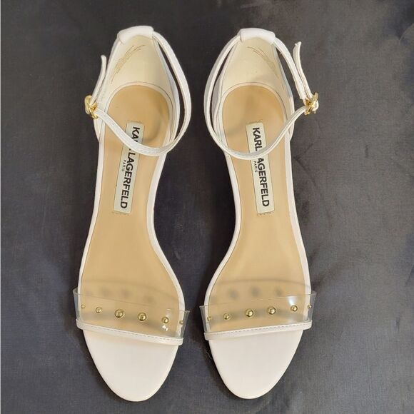 KARL LAGERFELD DIXIE CLEAR LUCITE LOW HEEL ADJUSTABLE BUCKLE&ANKLE SANDAL - Picture 3 of 14